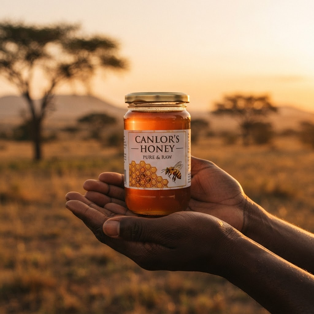 Artisan hands holding a jar of Canlor's honey against the Zimbabwean landscape