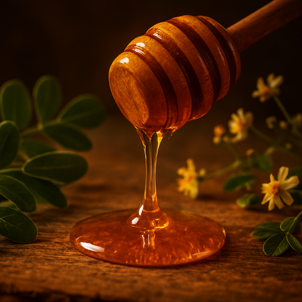 Golden honey dripping from a wooden dipper surrounded by moringa leaves